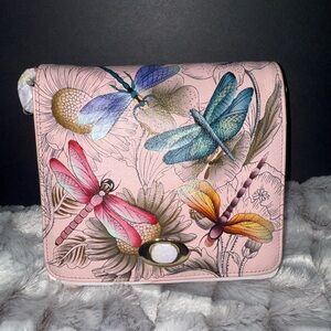 WT Anuschka Pink Leather Hand Painted Dragonfly Flap Front Crossbody Bag RFID